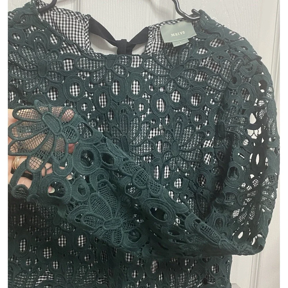 Anthropologie Maeve Gabriella Top Dark Green Lace Peplum Gingham Boho Shirt S